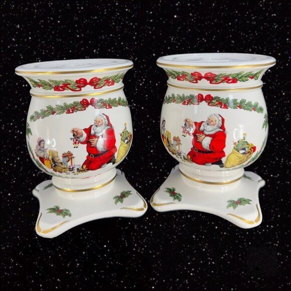 FRANKLIN MINT 1992 Porcelain Candle Stick Holder Night Before Christmas Set 2 - Picture 1 of 14